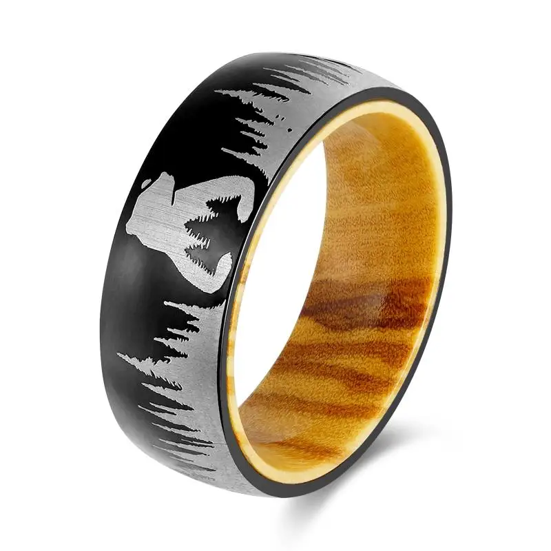 POYA 8mm Classic Style Black Stainless Steel Ring with Oliver Wood Liner Black Bear for Wedding Gift Anniversary