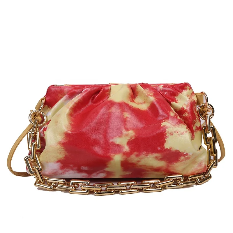

2021 Fashion Tie Dye PU Leather Dumpling Women Purse Under Shoulder Thick Chain Handbags Ladies Cloud Shape Bag