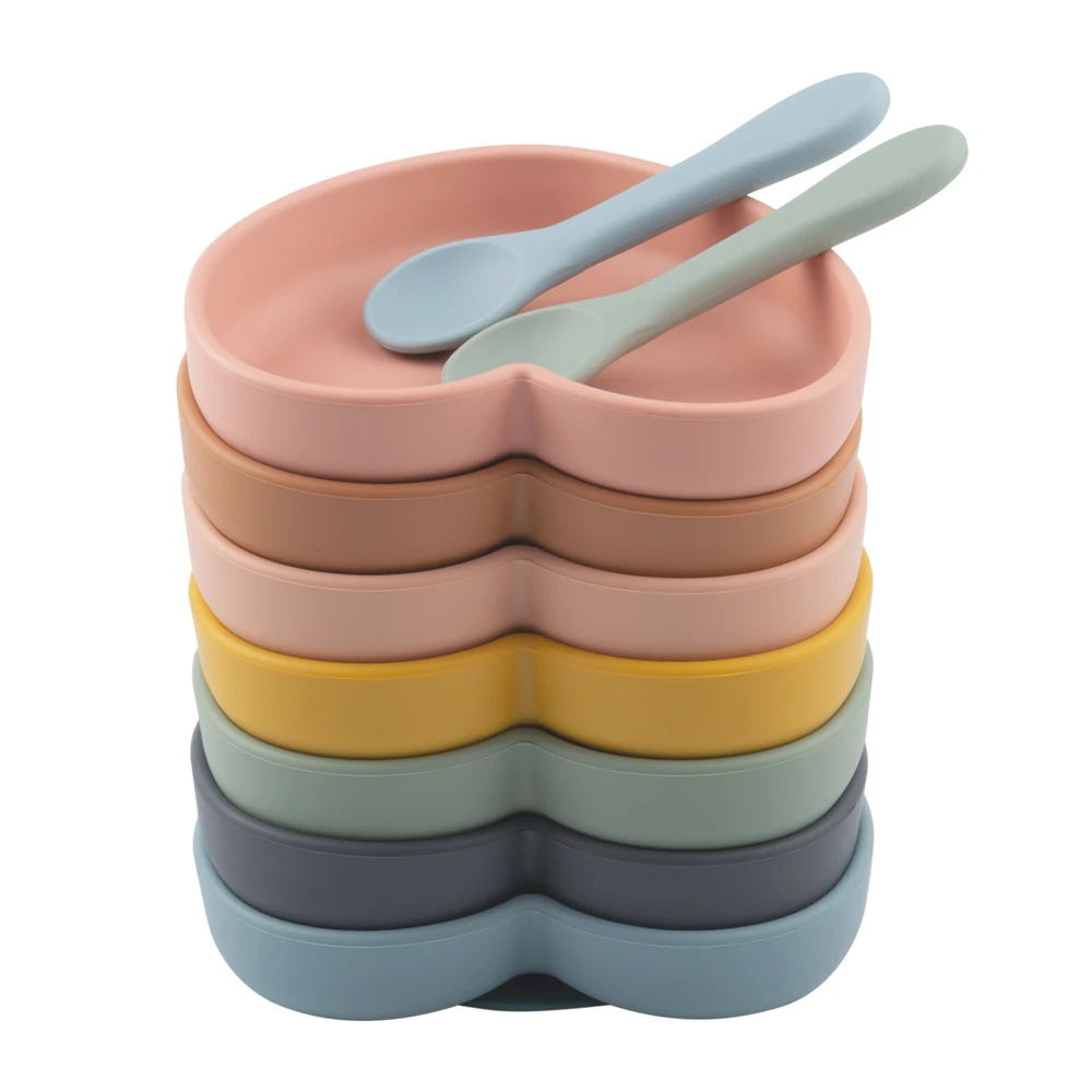 

wholesale custom make silicone baby feeding bowl silicon kids food suction plate with Spoon, Sage, ether, dark grey etc