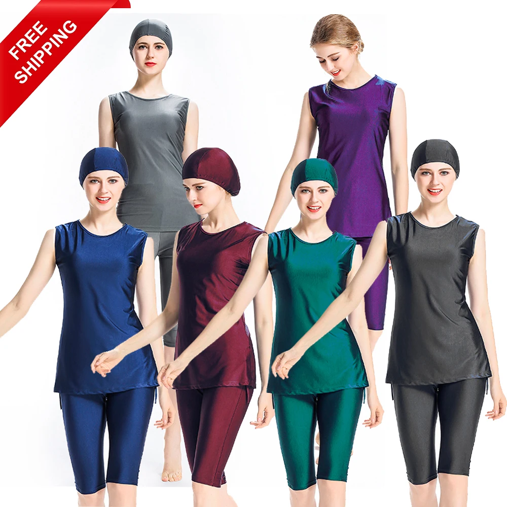 

FREE SHIPPING 2020 Women Summer Comfortable Three-Piece Solid Color Vest Islamic Muslim Swimsuit Swimwear With Chest Pad, Red/gray/purple/navy/green/black