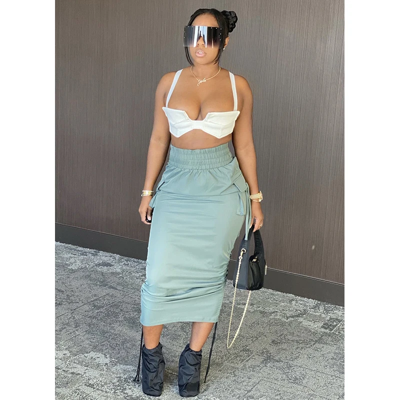 

L122 Wide waist drawstring maxi skirt with pocket plus size cargo skirts for lady