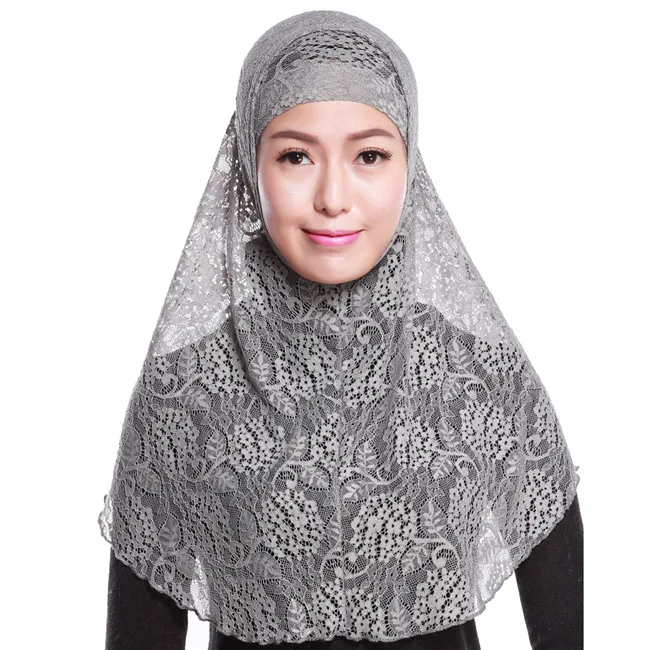 
SE3037 Arabic Islamic Kuwaiti hijab Saudi women plain color whole floral lace hijab polyester muslim scarf 