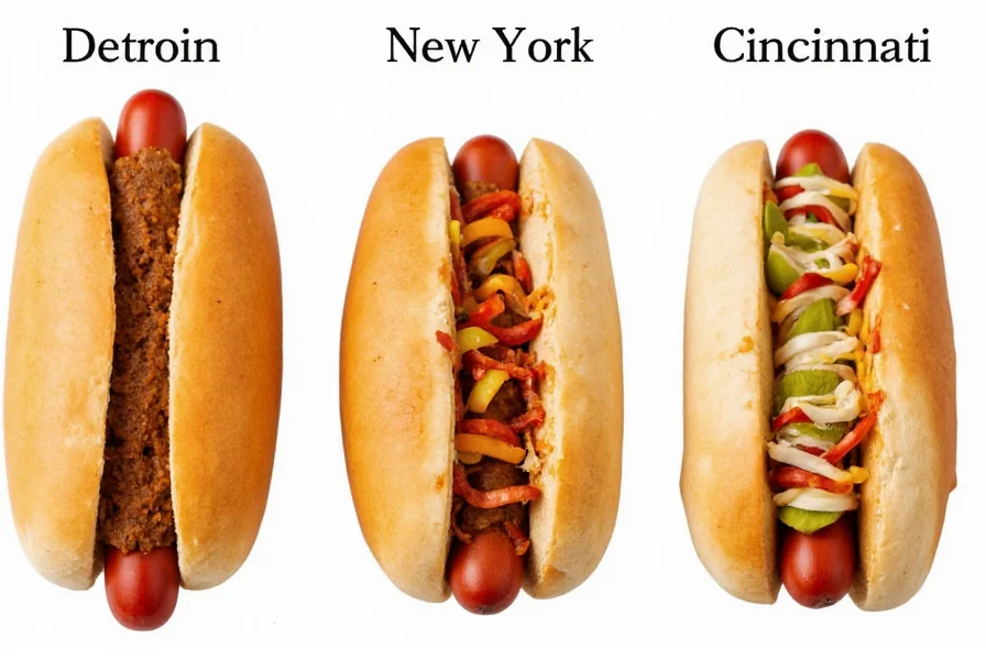 Three different regional styles of coney dogs side by side showing Detroit, New York, and Cincinnati variations