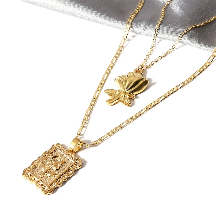 

14K Gold Plated Motif Chain Square Rose Flower Pendant Necklace Minimalism Multilayer Layered Rose Flower Coin Pendant Necklace, As picture