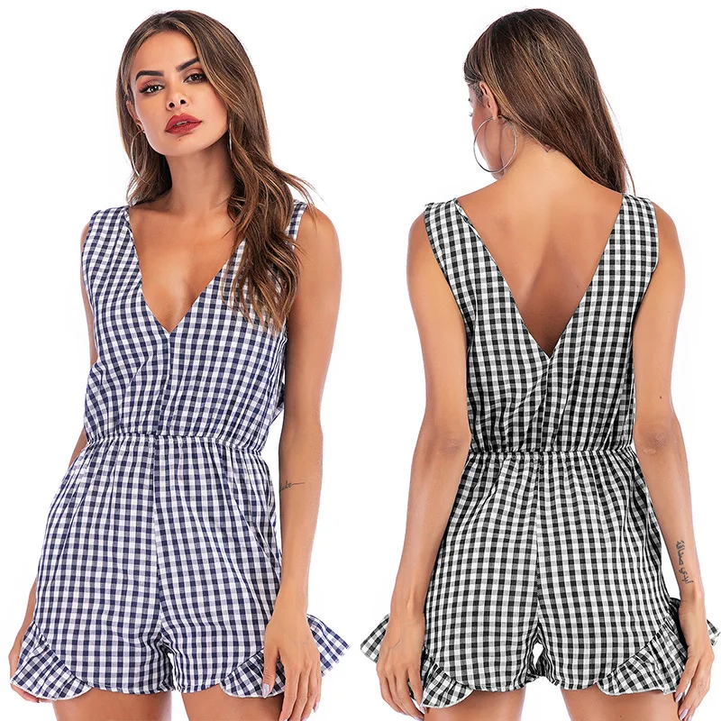 

2021 new summer plaid European and American v-neck low-cut sexy vest jumpsuit
