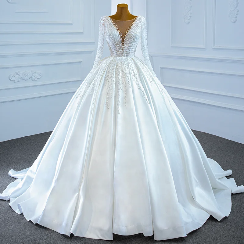 

Jancember RSM67210 New Styles Long Sleeve Pearls White Ball Gown Wedding Dress, Ivory