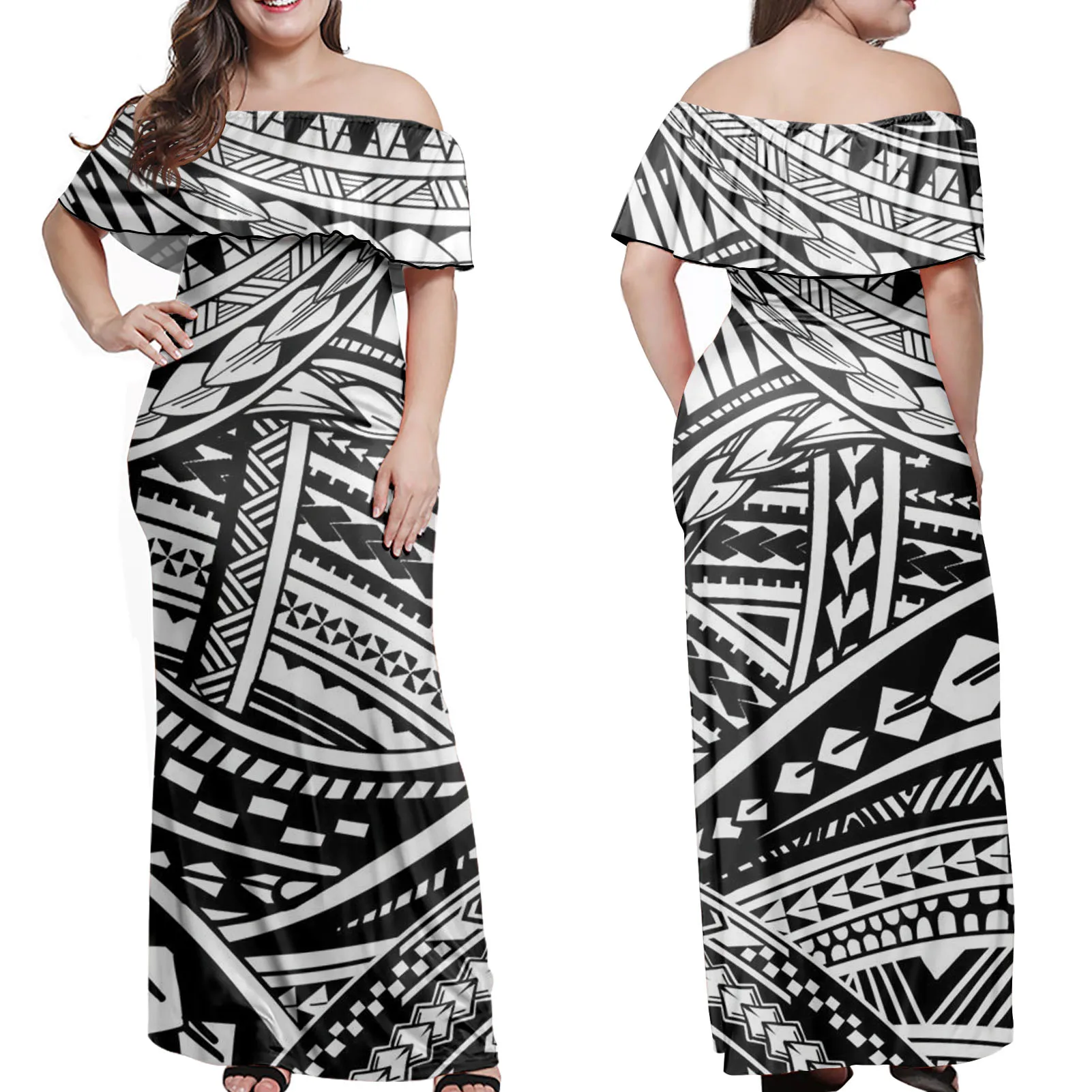 

Lady Dress 2021 Samoa Tattoo Polynesian Tribal Print Fabrics One Shoulder Dress Women Casual Short Sleeve Girls Long Dresses, Customized color