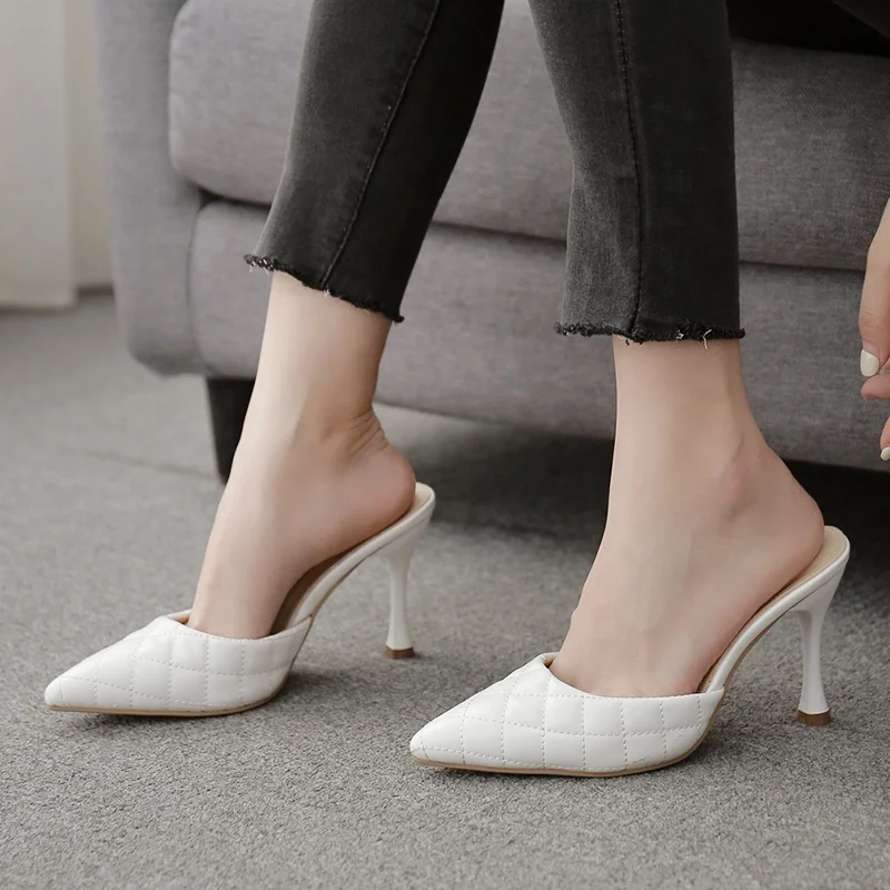 

Solid Plaid Pattern Fashion Sandals Ladies Pointed Toe Kitten Heel Slingback Slip-0n Slippers Women Home Casual Outside Shoes, White