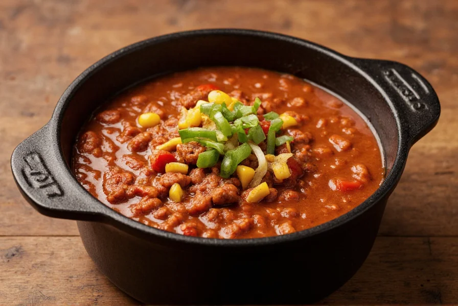 Texas-style chili without tomatoes served in a cast iron pot with garnishes