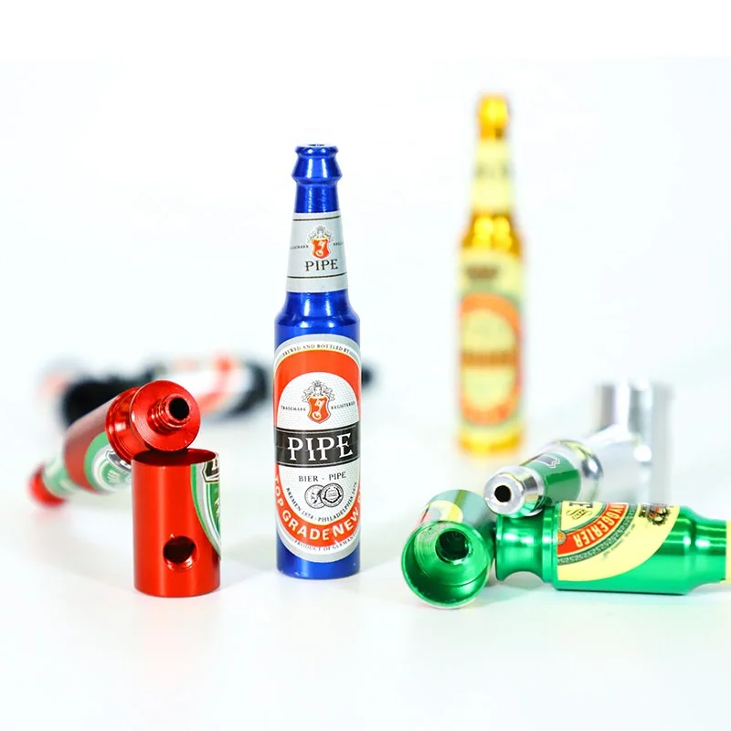 

UKETA hot selling easy carry beer bottle shape novelty aluminum smoking accessories pipes, Multi colors