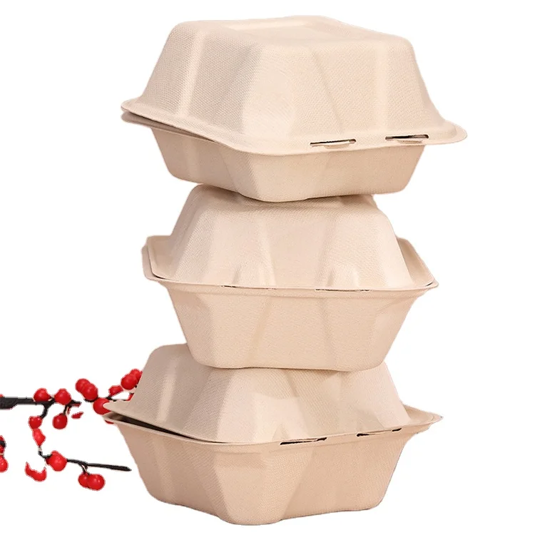 

Disposable biodegradable meal bagasse pulp single check burger box lunch light duty salad takeout bagasse combo box, White/ paper color