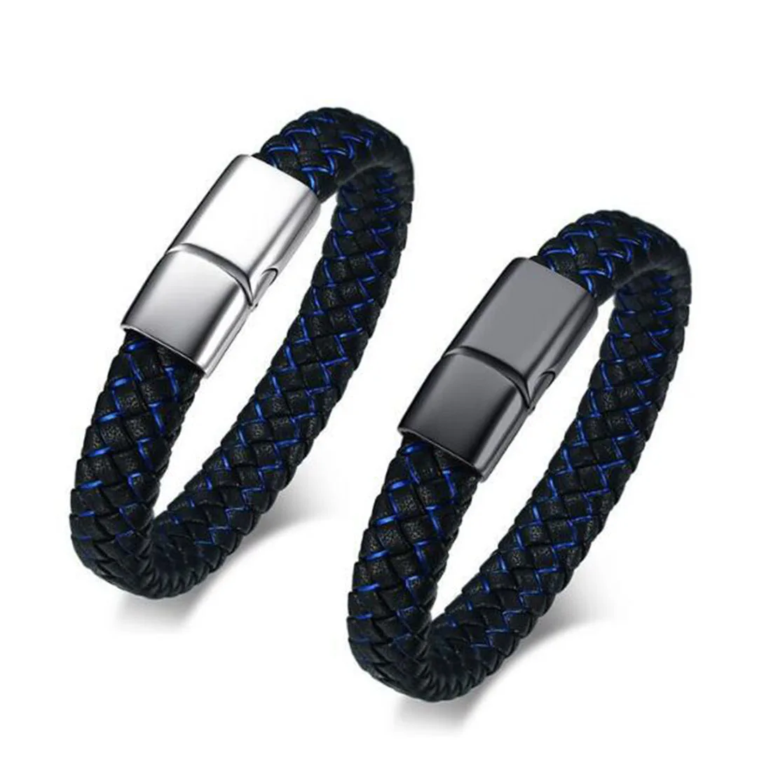 

BRJSF00234 12MM Wide High Quality Mens Womens PU Leather Braided Punk Bracelet Magnetic Clasp, Black