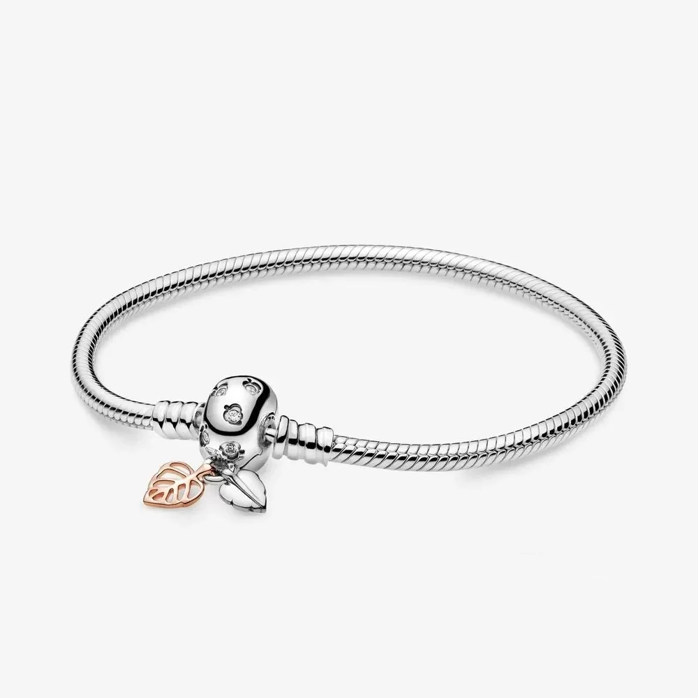 

925 Sterling Silver Classic Snake Chain Moment Bracelet with Leaves Clasp Fits For European Bracelets Charms and Beads