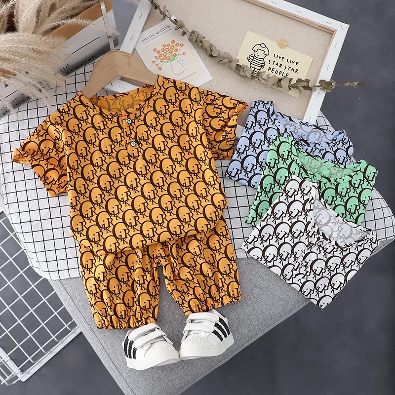 

New Stylish Summer Short Sleeve Shirt+Shorts 2pcs Cotton Letter Print Casual Baby Boy Clothes Outfits, 4 colors