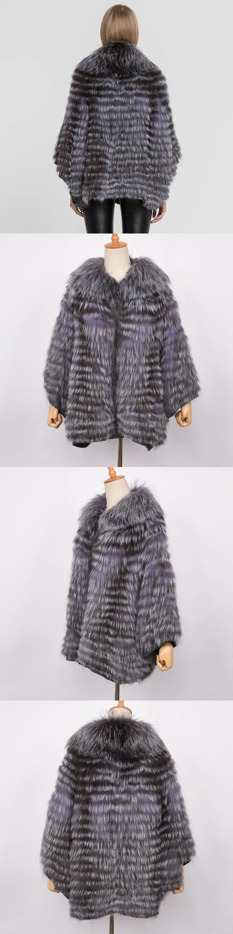 Fashion Style Poncho Genuine Silver Fox Fur Coat Outwear Winter Warm Jacket57383 