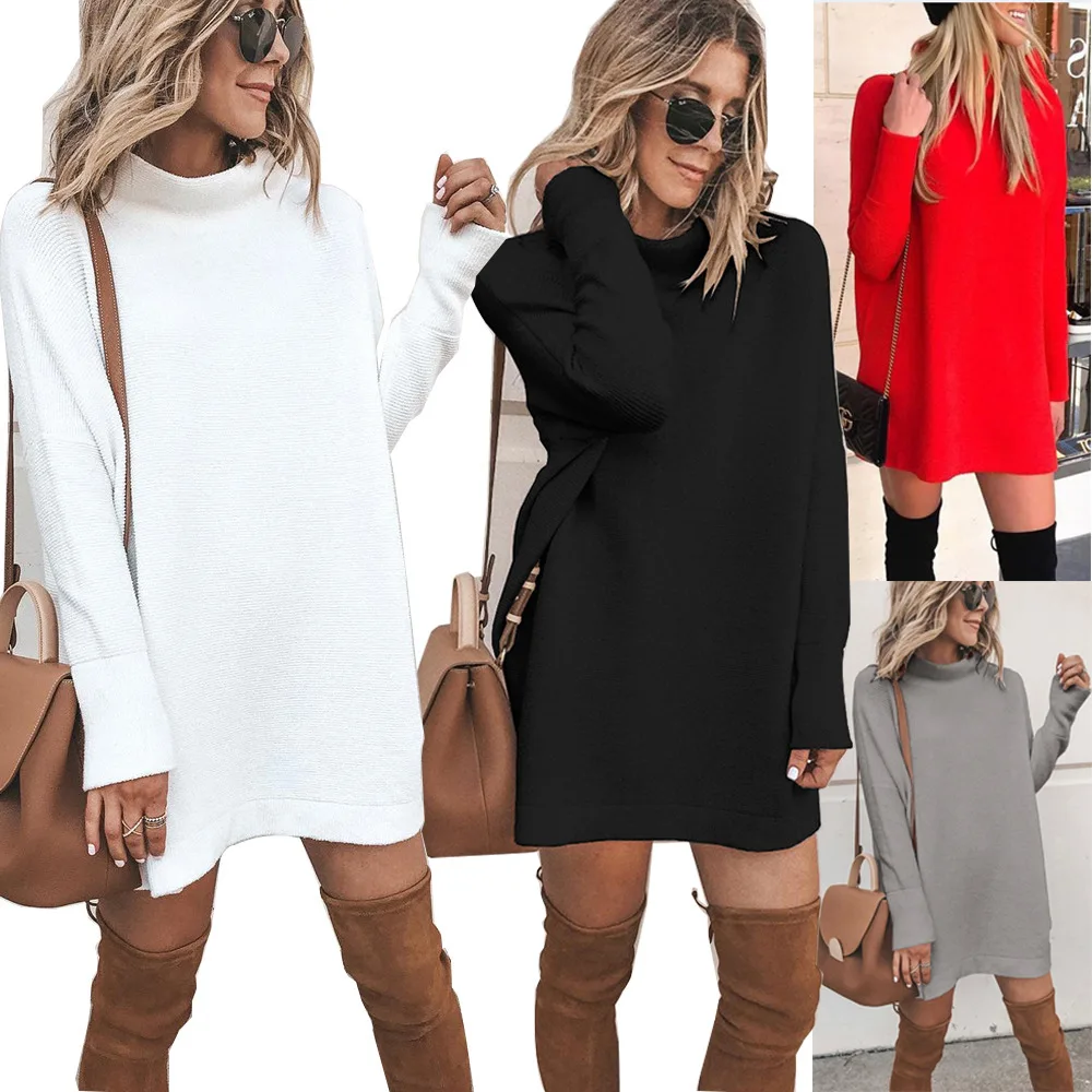 

WW-0292 Round Neck Long Sleeve Women Knitting Fashion Cultivate One's Morality Dress Long Sleeve Knit Tshirt Dress, As your request