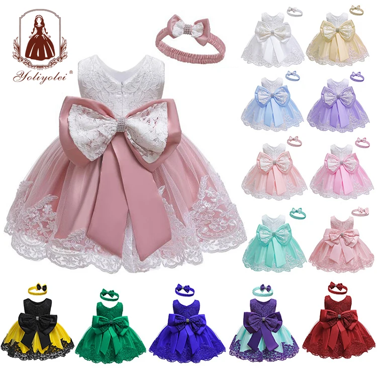 

Yoliyolei European Style Children Clothes Christening Big Bow Flower Girl Birthday Dresses Baby Girl Princess Dress For Party, Pink,champagne,sky blue