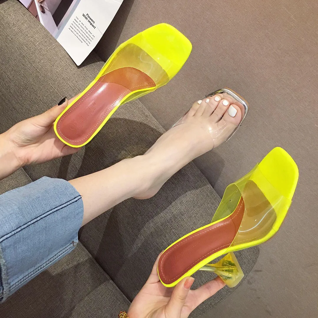 

2021 New Square Toe Transparent Slippers Women Fashion High Heels Sandals Woman Summer shoes, Yellow ,silver