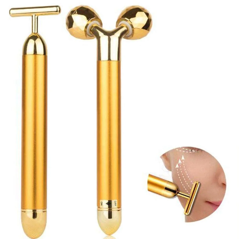 

24k Golden Beauty Bar Pulse Facial Massager Kit with Electric 3D Roller and T- Shape Skin Care Tool