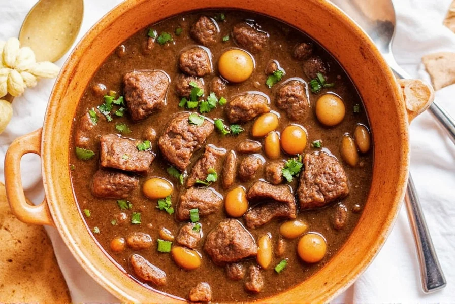 Two pots of beef stew with different spices and labels