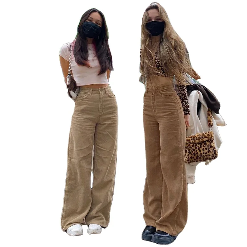 

Women streetwear casual corduroy high waist pants women solid fashion wide leg girls' trousers