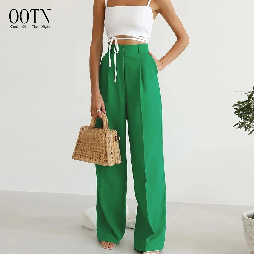 

OOTN Ladies Suit Pants Loose Casual Long Trousers 2023 Spring Women's Green High Waist Wide Leg Pants