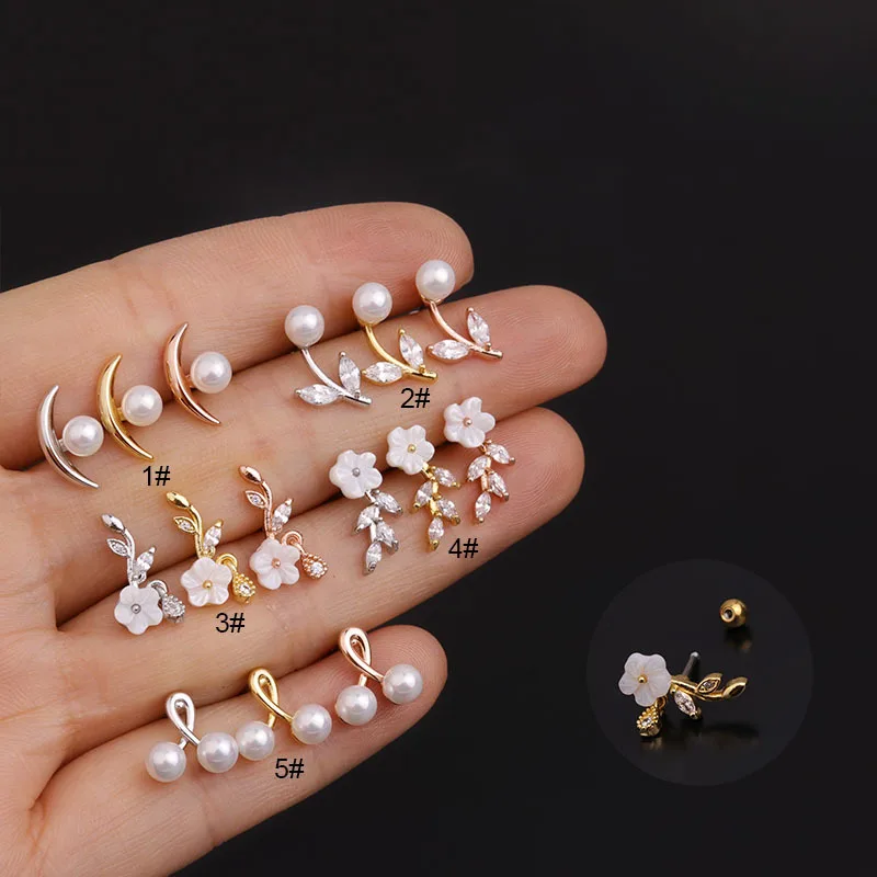 

New Fashion Cute Pearl Moon CZ Cartilage Ear Studs Rook Tragus Daith Lobe Ear Helix Piercing Studs For Girls