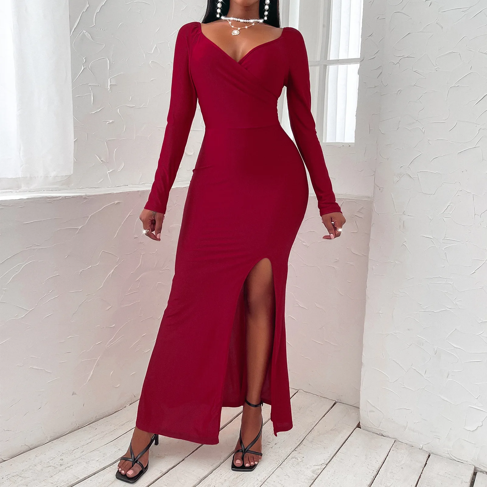 

New arrival fashion sexy V-neck casual slim fit elegant party split dress long sleeved temperament ladies discount red dress