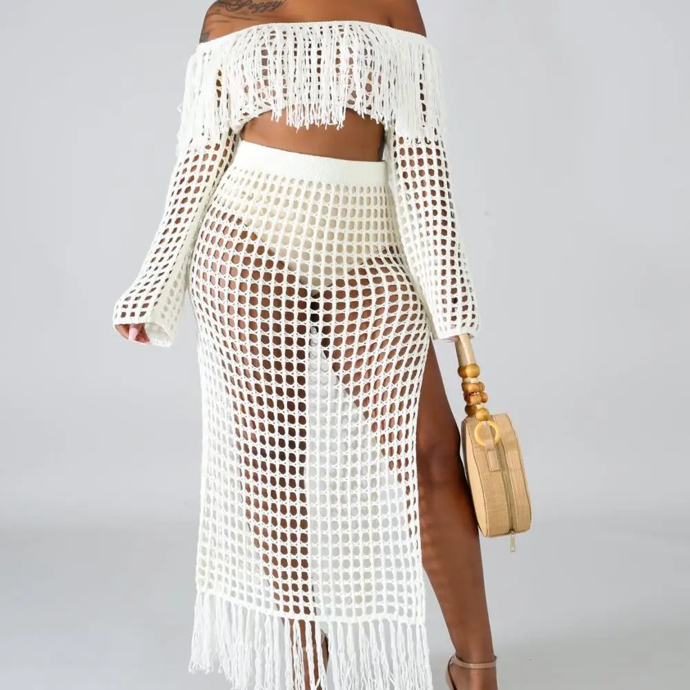 

Fashion women sexy plus size long sheer mesh crochet cover up wrap beach dress, White
