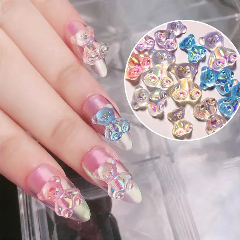 

6*7MM DIY Decoration Fashion Fingernail Mixed Size Aurora Little Bear Resin Kawaii Bear Stereo 3D Nail Art Accessories, Picture