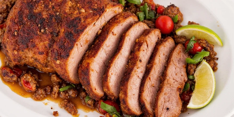 Plated Mojo Pork with Sides and Citrus Garnish