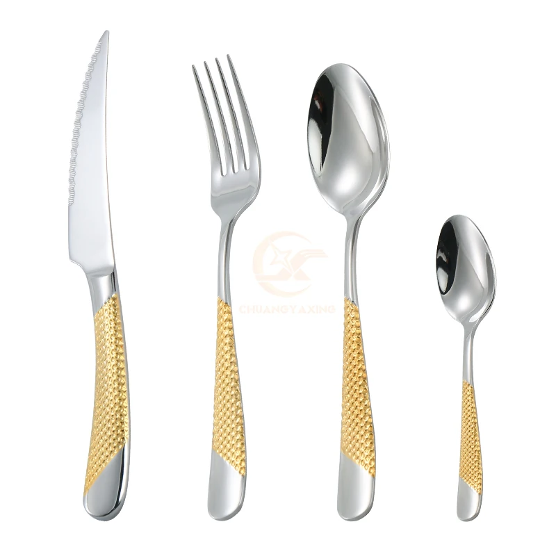 

Wholesale Kitchen Reusable Spoon Fork Set Luxury 24K Gold Cutlery Gold Silverware Flatware Set Wedding Cutlery, Silver+gold