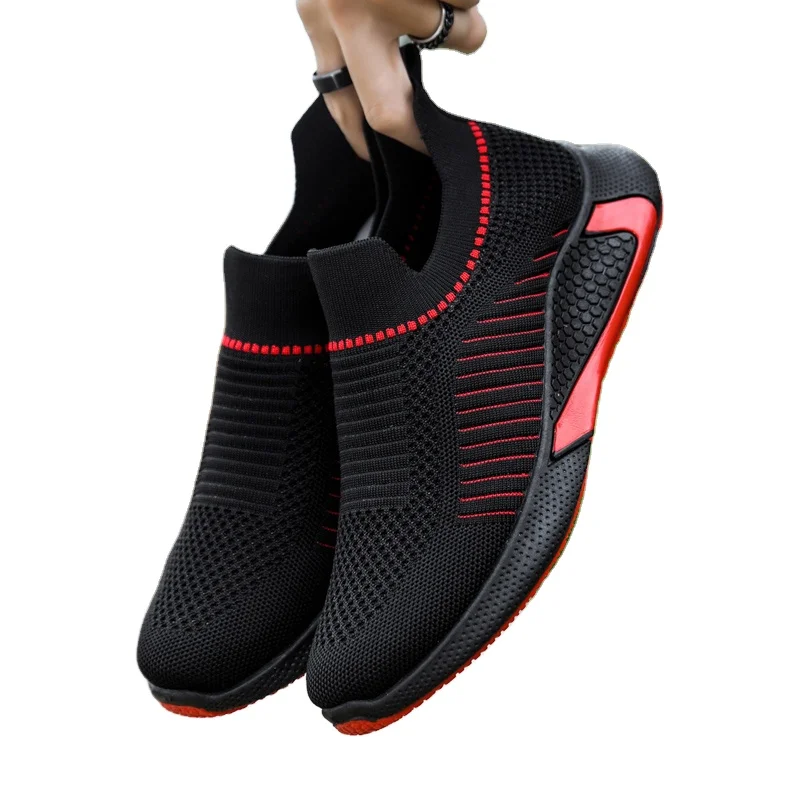 

wholesale china fashion flying knit Slip-On Wear-Resistant men's sports sneakers cheap gym shoes for men athletic shoe, Custom ( black&red)