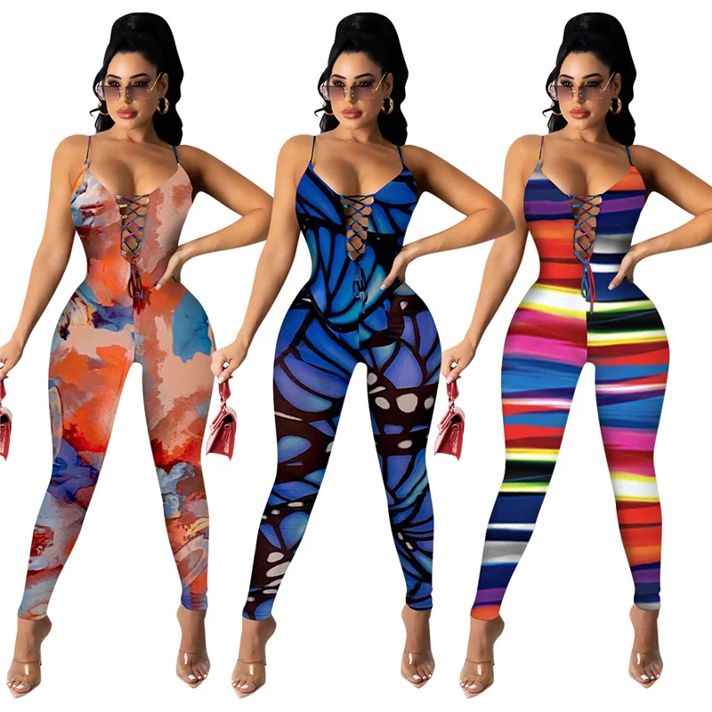 

Color print cutout tie plus size women's casual lace-up 2021 jumpsuit women