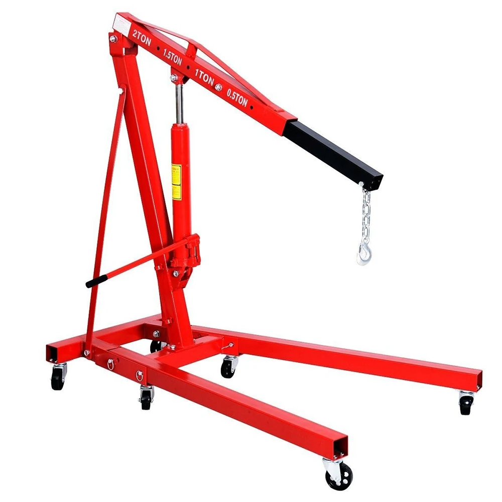 bon_shop Red 2 Ton Tonne Hydraulic Folding Engine Crane Stand Engine Hoist Lift Jack with Wheels 