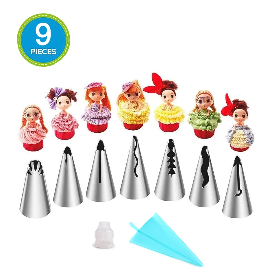 

Hot sales Stainless Steel Cake Tools 9pcs Cake Nozzle Set with Pastry Bag and Converter Icing Piping Tips, Silver