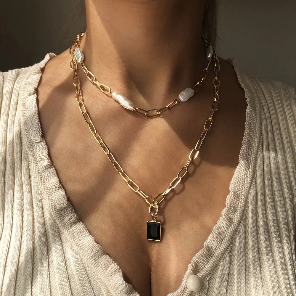 

2021 new arrivals double layer paperclip imitation pearl square pendant gold plated women hip hop chain necklace
