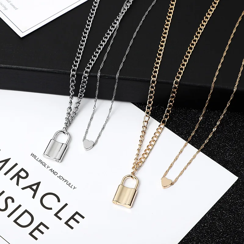 

VRIUA Hip Hop Multi Layers Chain Necklace with Heart Lock Women/Men Punk Rock Padlock Pendant Necklace Jewelry, Gold/silver
