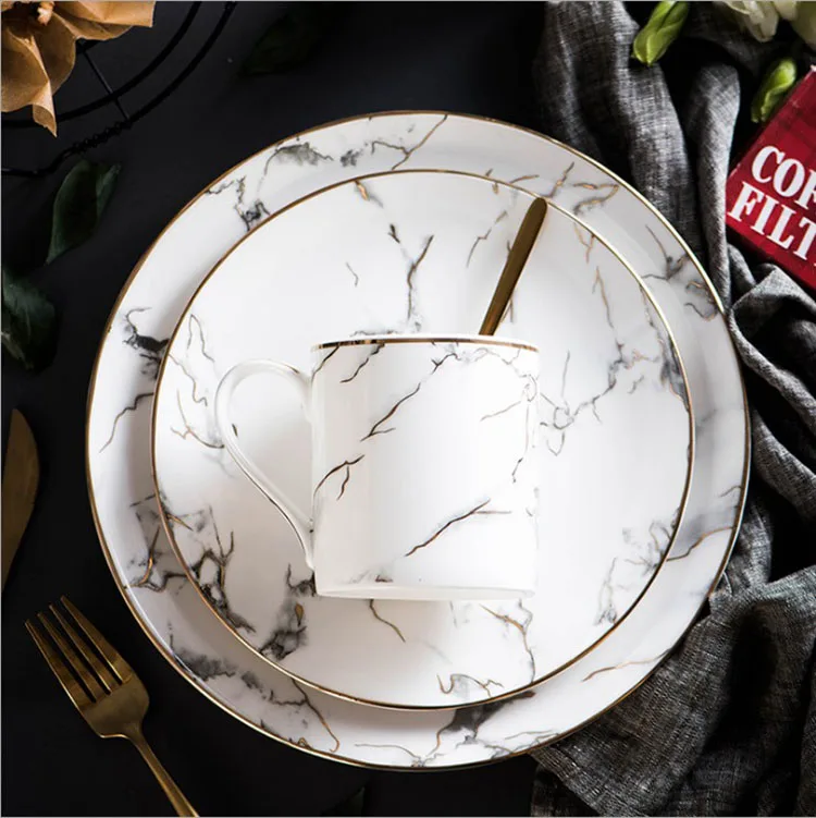 

Elegant white Marble pattern Gold rim bone china wedding charger plate and dinnerware sets, Marble white