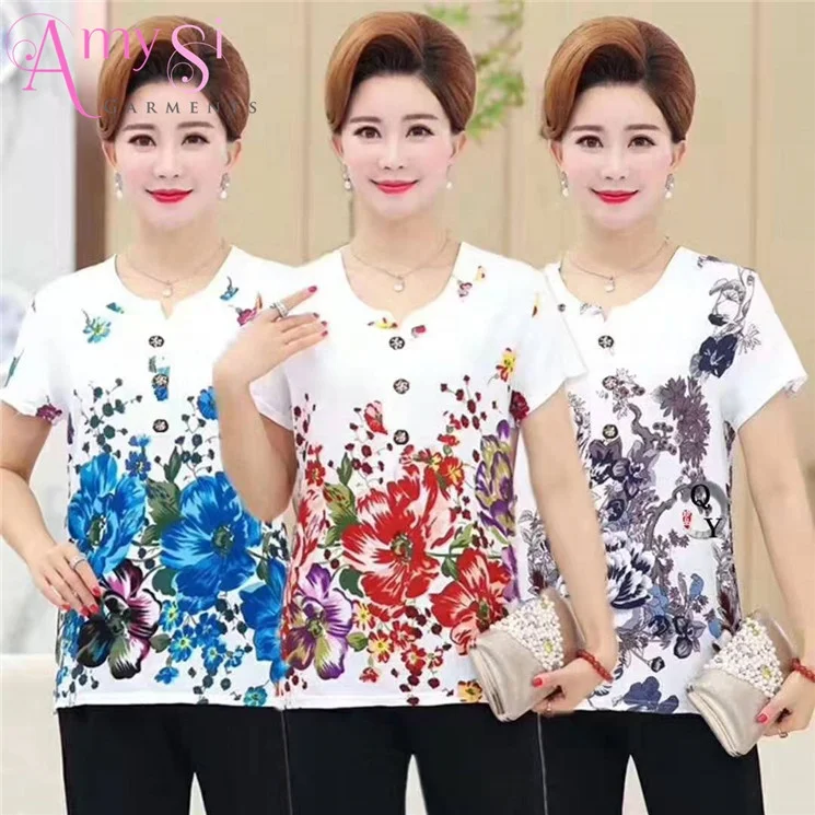 

1.65 dollar WY105 High quality breathable ladies printing T-shirt loose casual old women white cotton t shirt