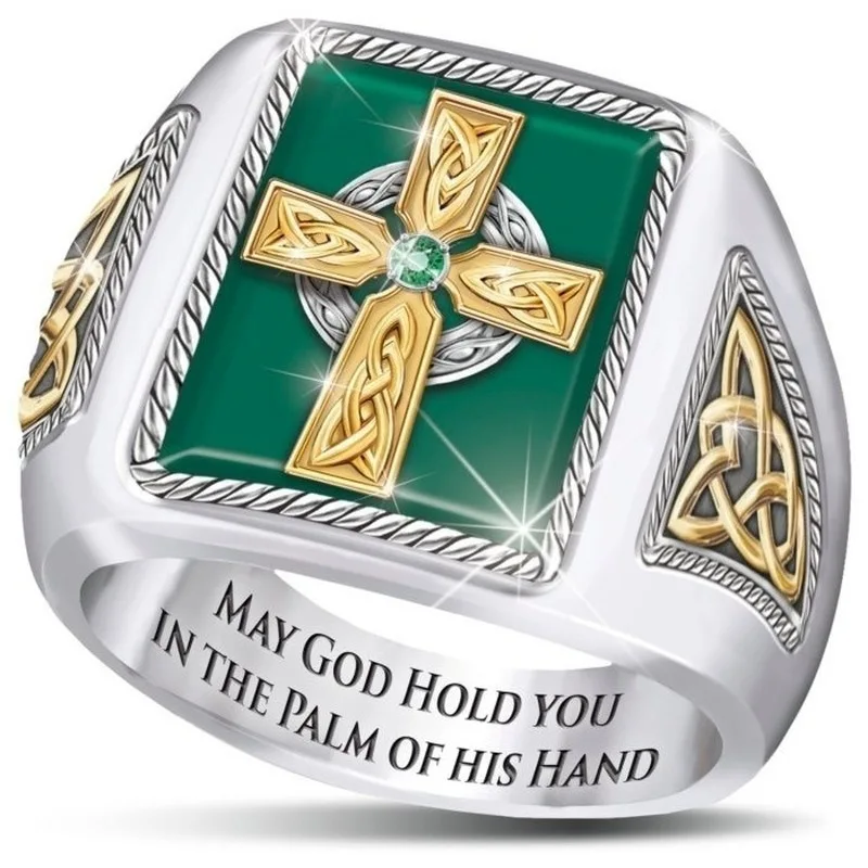 

Factory wholesale punk cross design green enamel silver jewlery rings for men