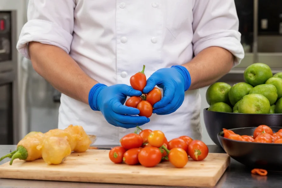 Chef preparing fresh salsa with serrano peppers, demonstrating safe handling techniques with gloves