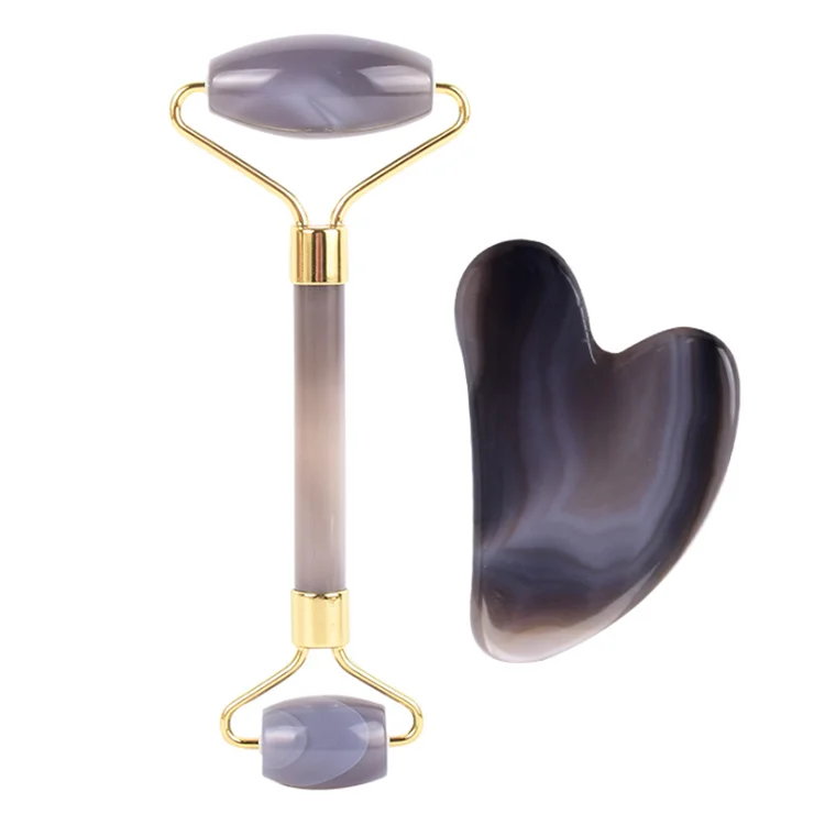 

Effective Gray Agate Jade roller GuaSha for massage tools Gray Agate Jade roller Gua Sha Set facial beauty