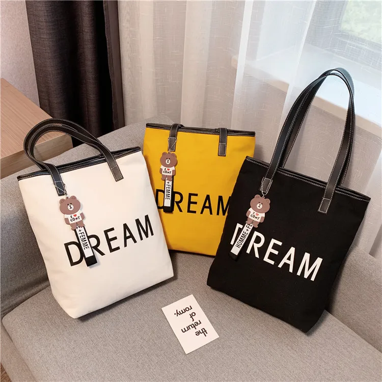 

Korean Style Printing Ladies Canvas Hand Bags New Style Students Large Capacity Shoulder Portable Tote Bag, Black, white, yellow