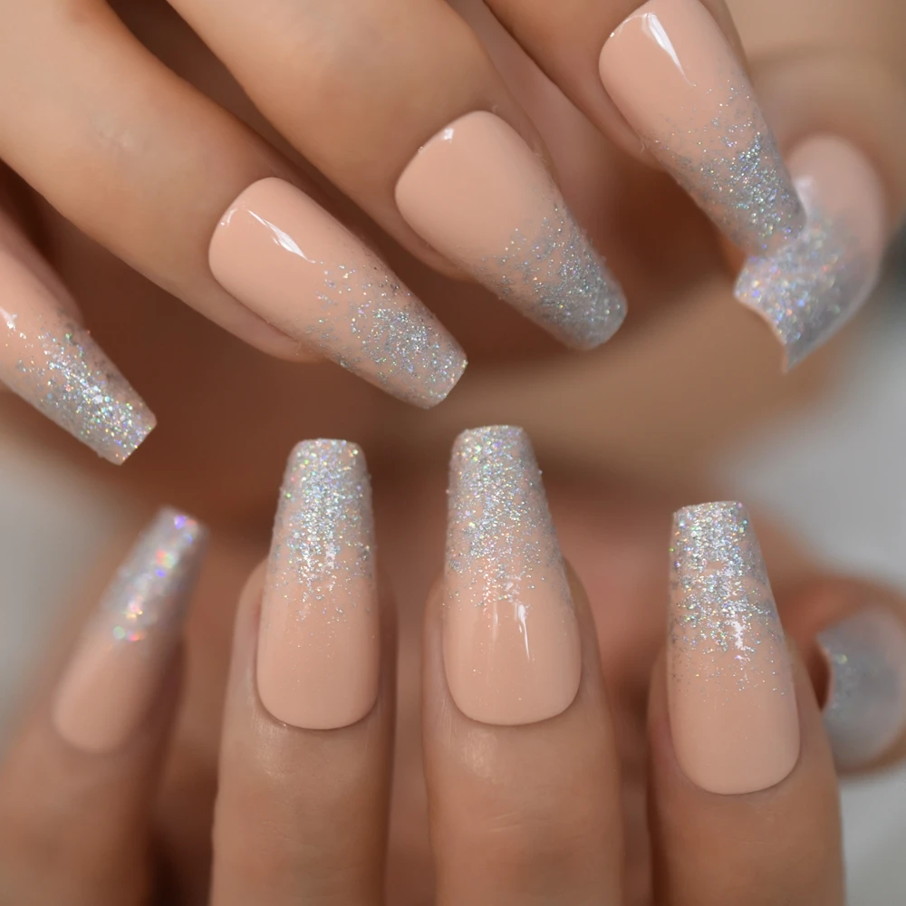 Glitter Coffin Fale Nail Sparkling Nude Medium Daily Tapered Full Cover Nail  Art Tips French Artificial Nail L5681 - Buy Salon Nail Tips,Nail Tips,Diy  Nail Tips Product on Alibaba.com