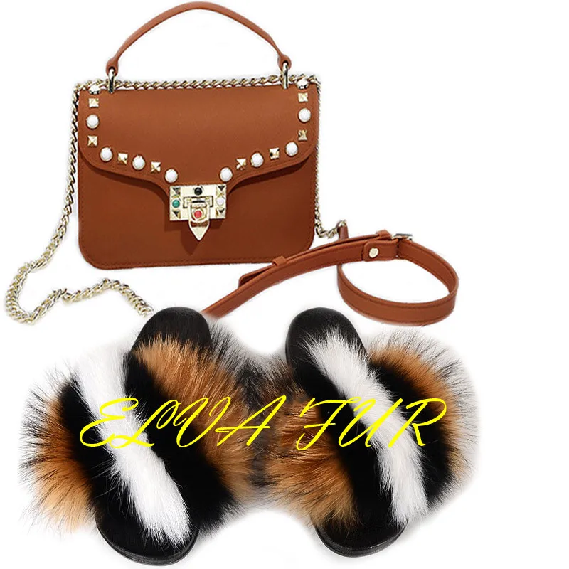 

2020 ELVA FUR Hot sales Wholesale fluffy mixed colors genuine fox real fur slides slippers for girls fur slides, Colours