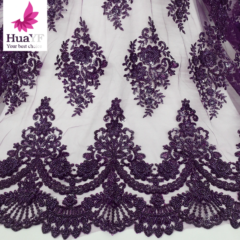 

HY2432 Heavy work purple same border tulle beaded lace fabric embroidery with sequins applique fabric dress wholesale