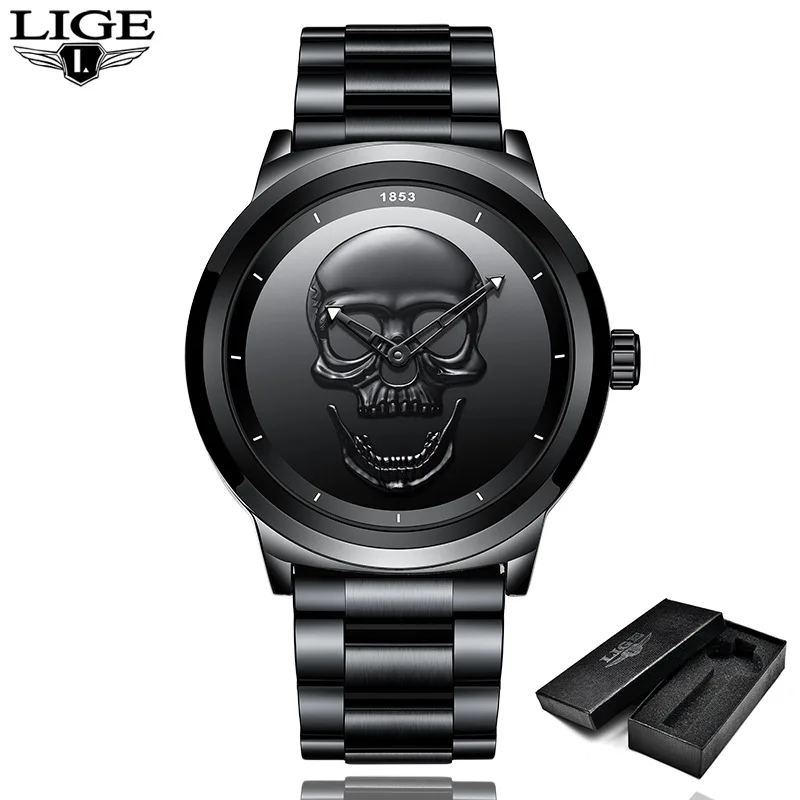 LIGE LG9876 Fashion Personality Skull Stereo Watch Men's Quartz Watch Fashion Waterproof Watch