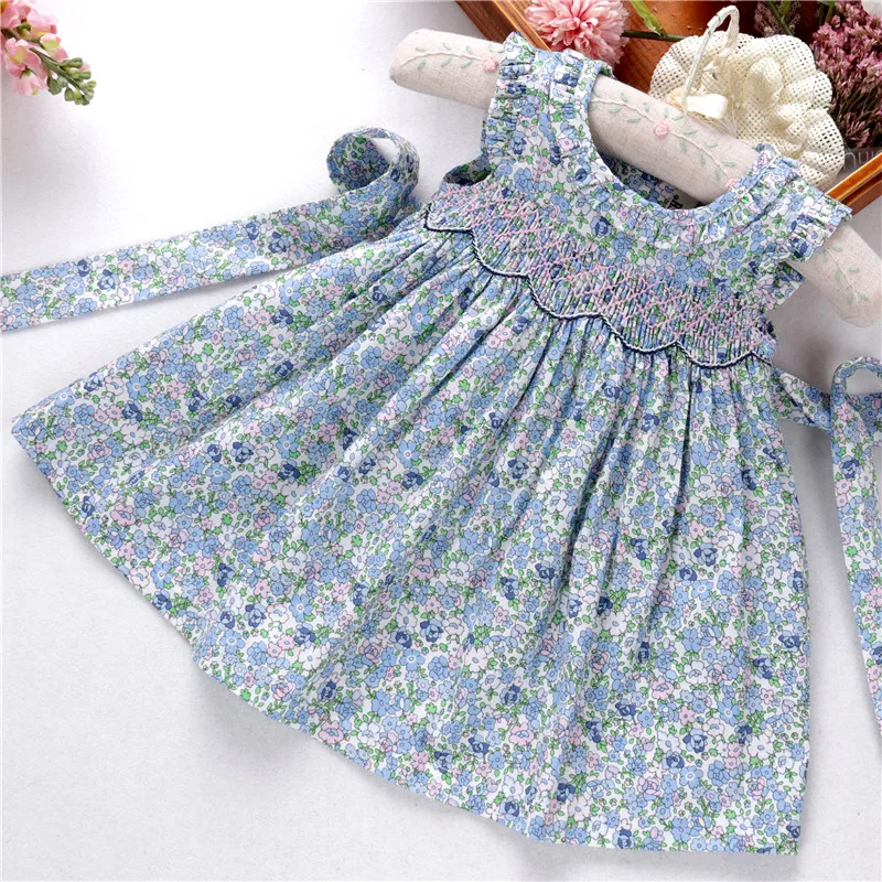c children smocked clothing girl's clothes floral ruffles summer flower kids dresses boutiques baby clothes pink blue  91018530