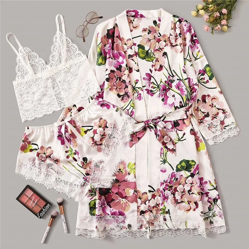 

sfy1107 Multicolor Floral Lace Bralette With Satin Shorts and Belted Robe Set Women Sleepwear Sexy Lingerie Sets